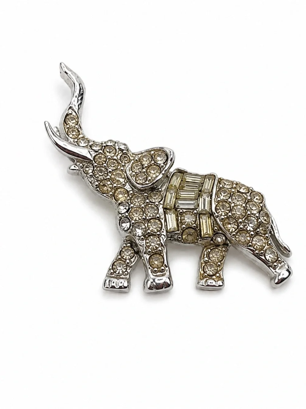 Vintage Silver Tone Rhinestone Elephant Brooch Pin | Lucky Elephant Figural